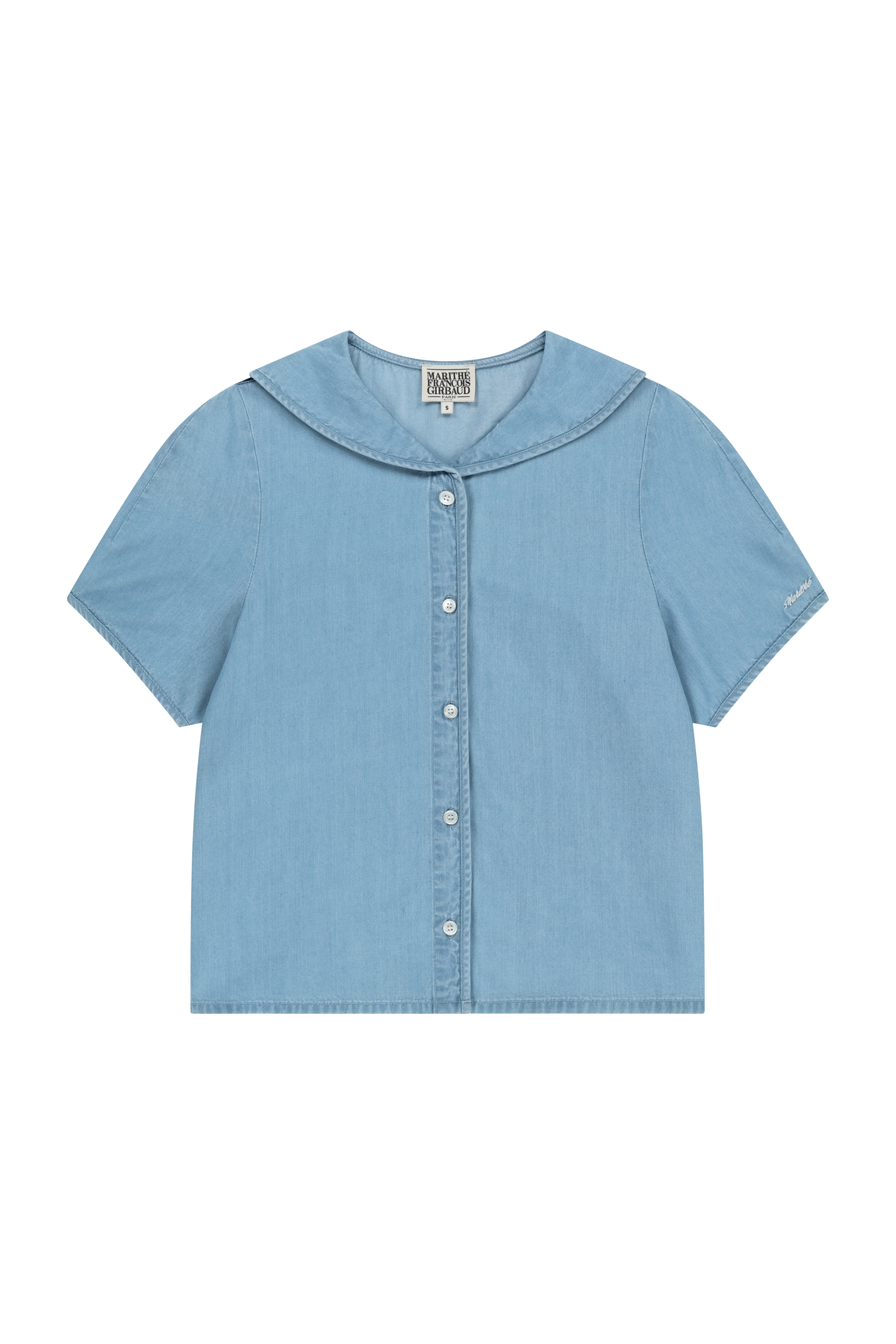 W SAILOR COLLAR SHORT SLEEVE CHAMBRAY SHIRT