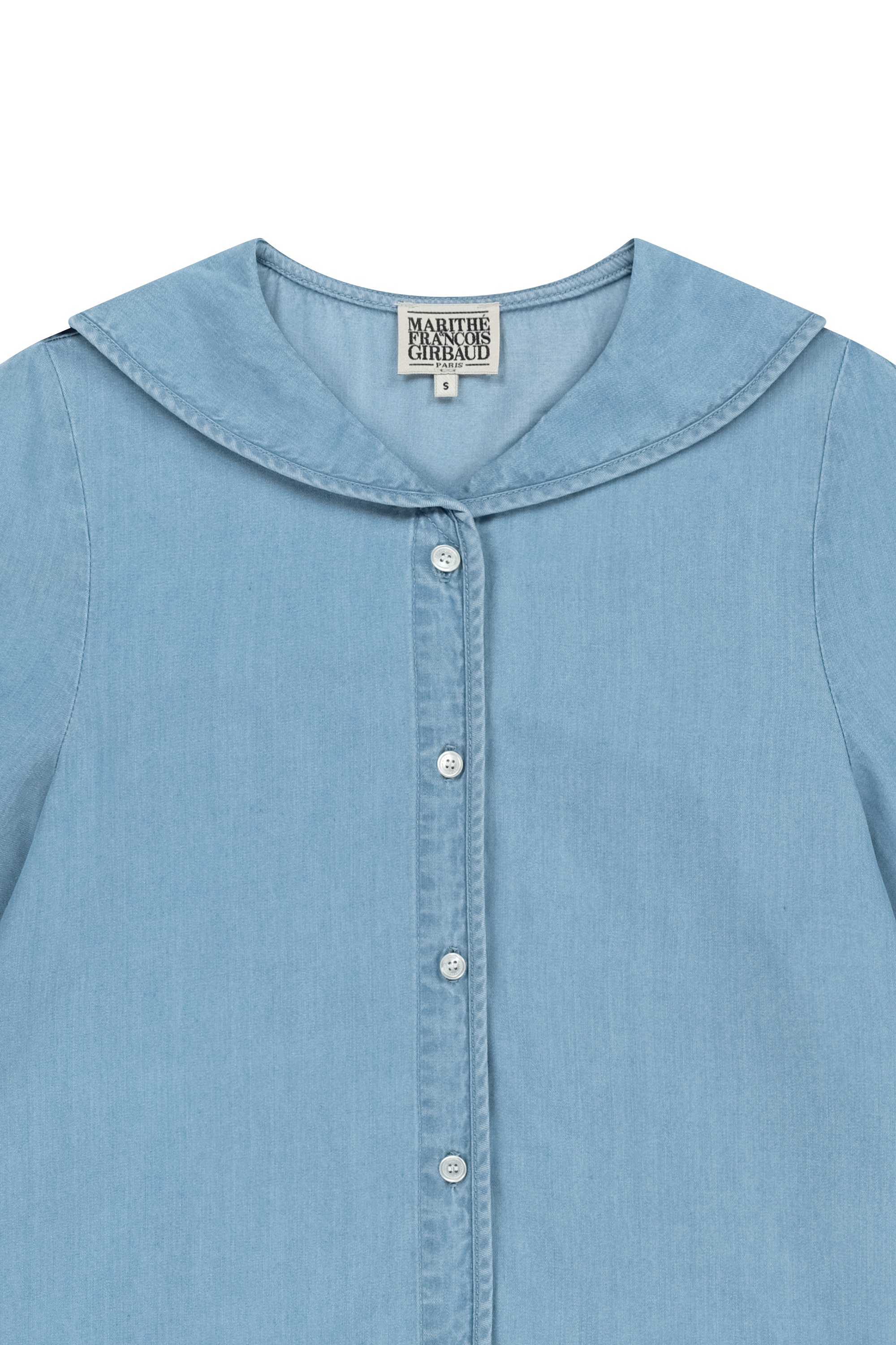 W SAILOR COLLAR SHORT SLEEVE CHAMBRAY SHIRT