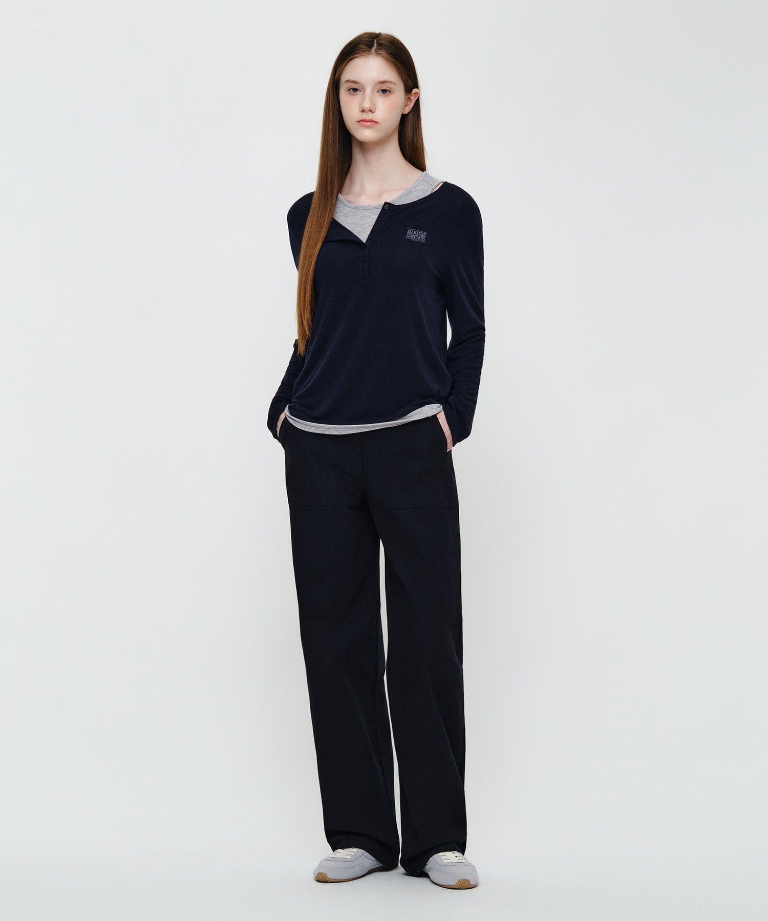 W HENLEY NECK LAYERED LONG SLEEVE TEE